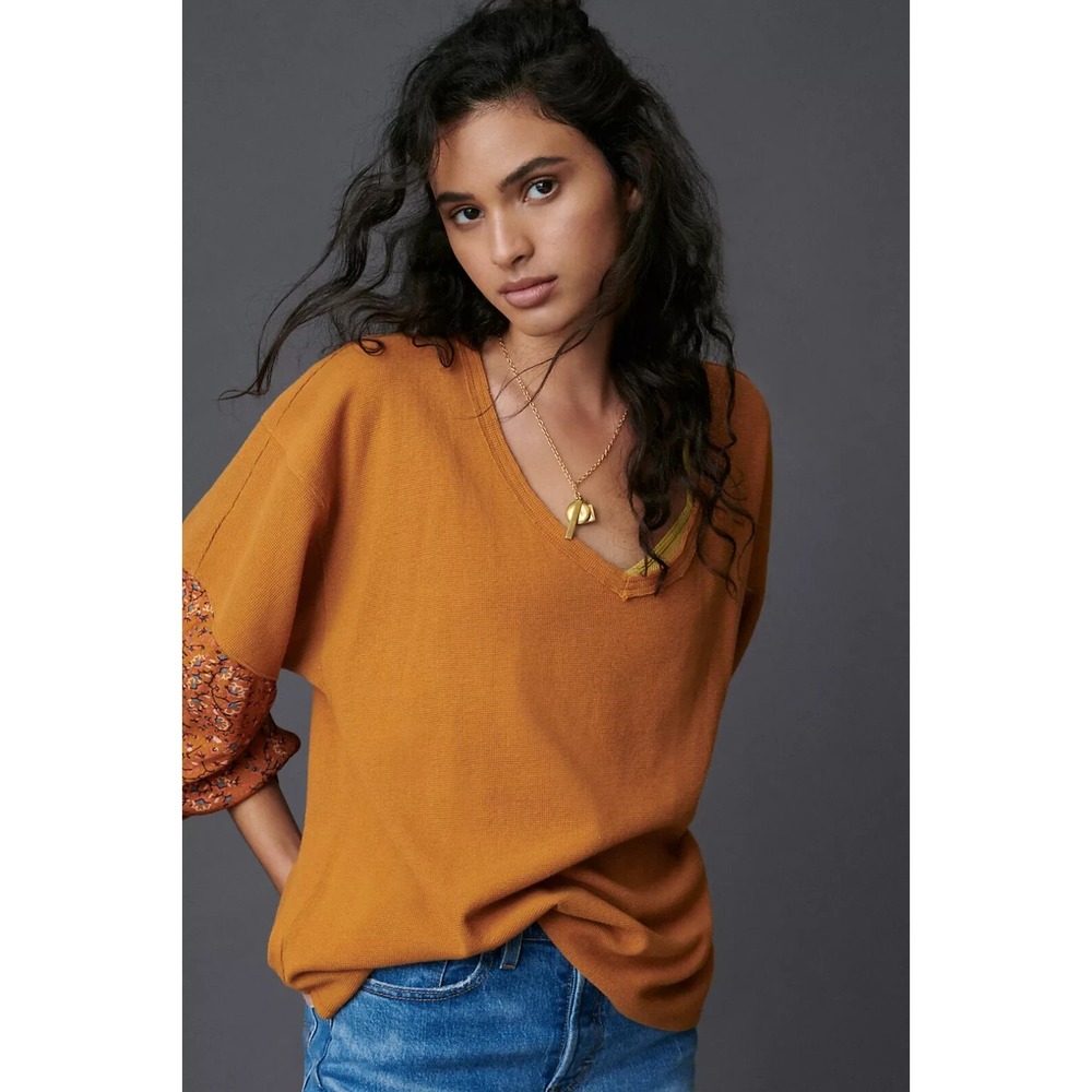 By Anthropologie Annette Waffle Knit Floral Oversized Relaxed Top In Orange XS